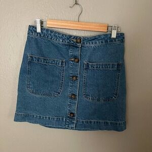 WE THE FREE Blue Denim Mini Skirt Button Front Size 27 casual comfort everyday